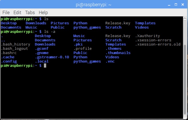 In the Unix command line terminal, the command ls -a returns a list of files and directories at the ~ location, including hidden files which begin with a period.