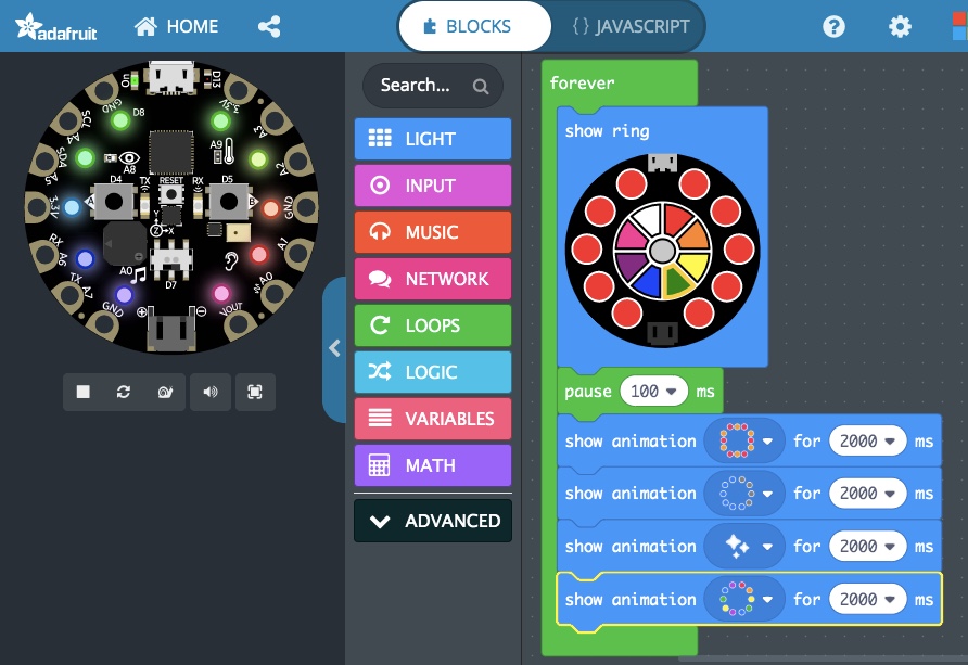 The MakeCode simulator simulates a selected 'Show Animation' block.
