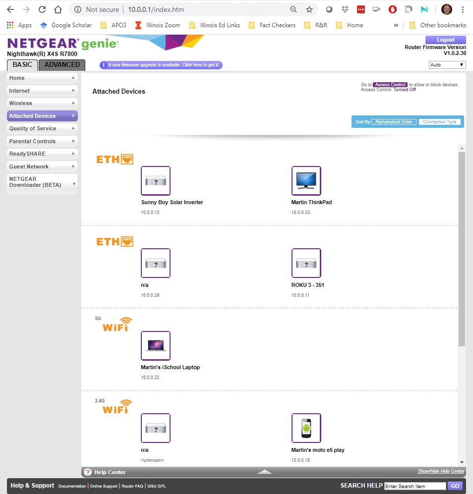 A web browser connected to 10.0.0.1 displays the Netgear gateway router administrative portal and within in, a list of devices attached to this router.