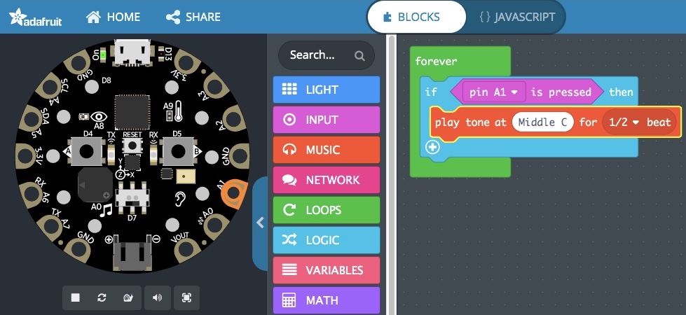 The Circuit Playground Express simulator shows pin A1 highlighted. In the MakeCode workspace, a forever loop contains the code: 'If pin A1 is pressed, then play tone at Middle C for 1/2 beat.'