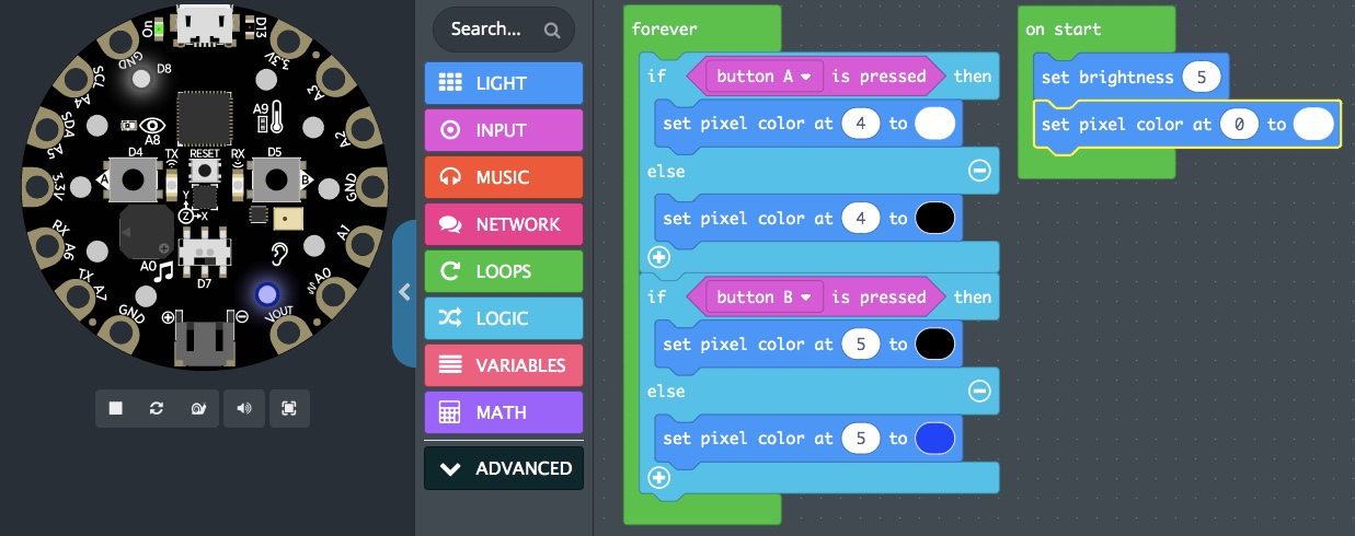 With the simulator and MakeCode menu at left, the workspace shows a forever loop containing the code, 'If button A is pressed, then set pixel color at 4 to white. Else, set pixel color at 4 to black. If button B is pressed, then set pixel color at 5 to black. Else, set pixel color at 5 to blue.' The workspace also shows an 'On start: Set brightness to 5. Set pixel color at 0 to white.'