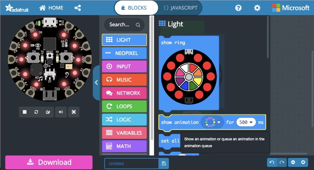 The 'Show Animation' block is selected from the 'Light' category.