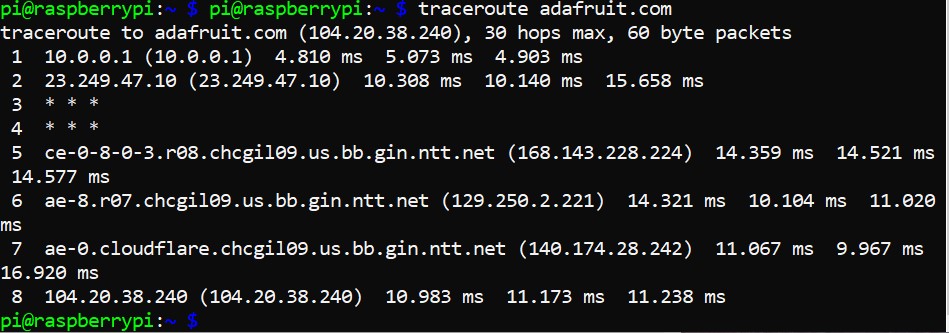 In PowerShell, the command traceroute adafruit.com is run. Below, the command shows the hops and IP addresses of each hop.