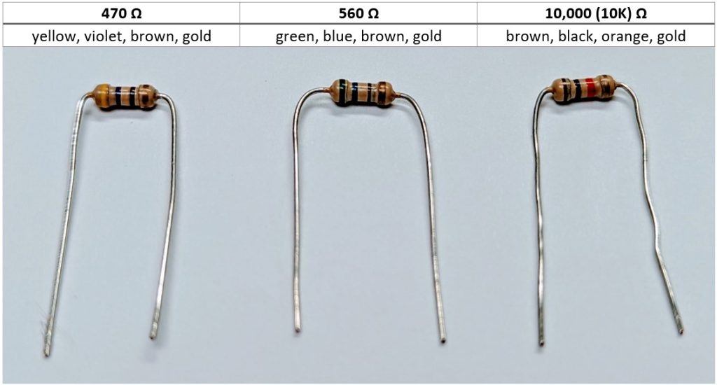 Image of bent resistors along with their color-coded labels