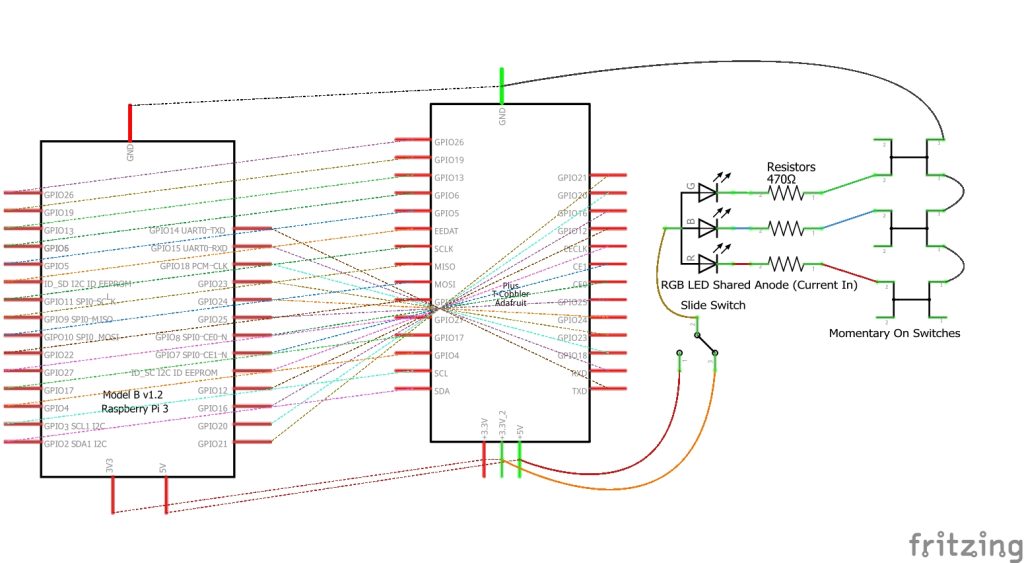 Schematic of Raspberry Pi connected with Breadboard, switch between 3.3- and 5-volt power