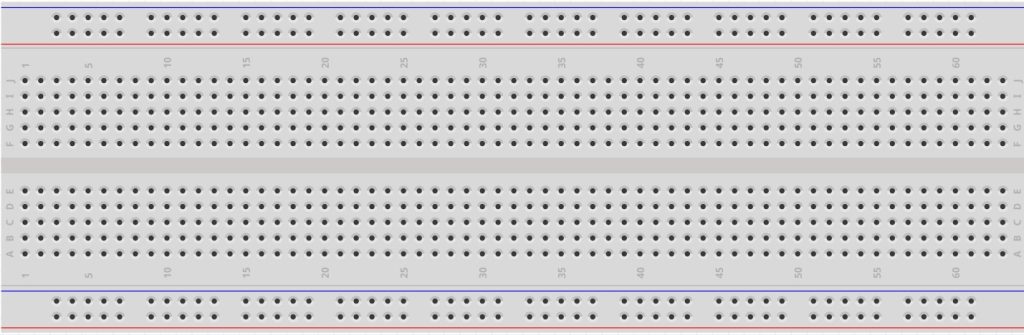 A typical breadboard, viewed from the top.