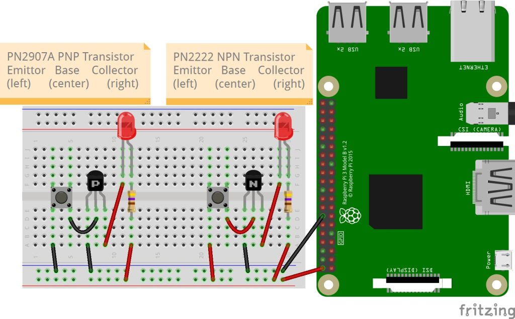 Image showing PNP and NPN transistors as part of an LED circuit.