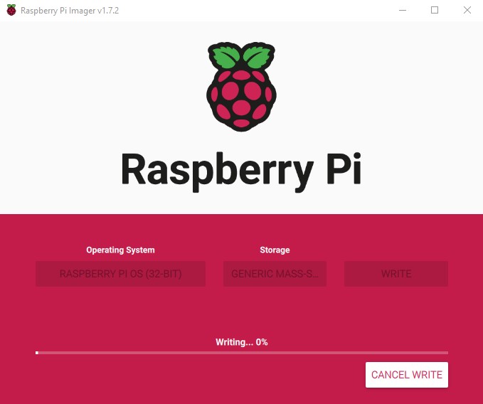 Raspberry Pi Imager at the start of writing the OS to a microSD