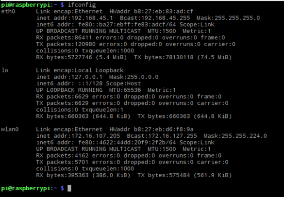 In the Unix command line terminal, the command ifconfig returns IP address listings for that device.