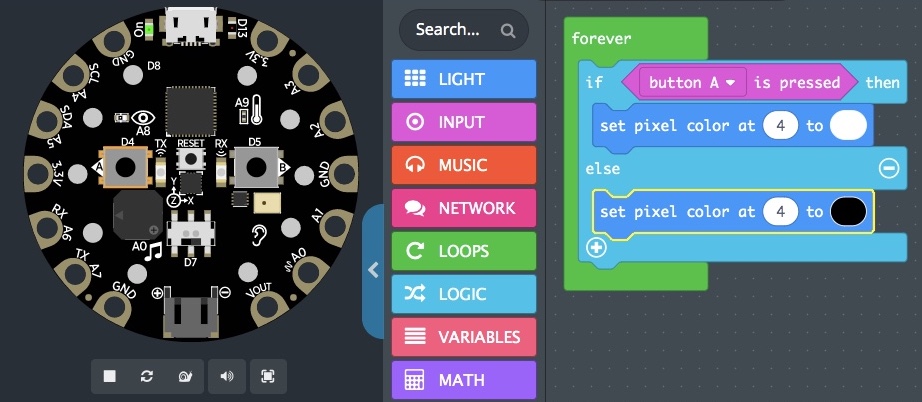 The Circuit Playground Express simulator shows that Button A is not pressed.