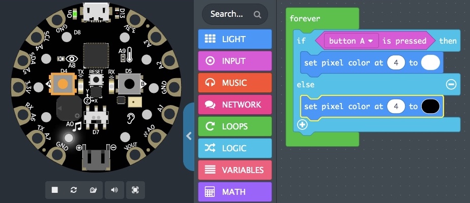 The Circuit Playground Express simulator shows that Button A is pressed.