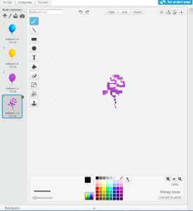 In the Scratch visual editor, a set of costumes for the decoy balloons are selected.