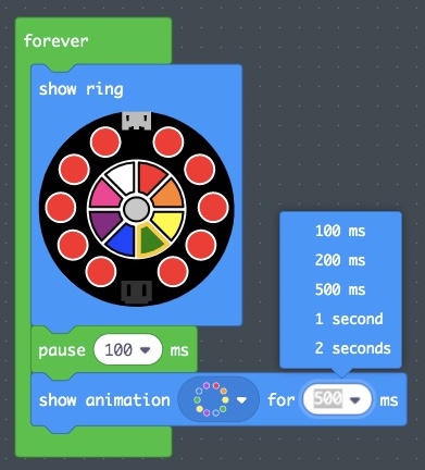 The 'Show Animation' block sits below the 'Pause' and 'Show Ring' blocks in the forever loop.