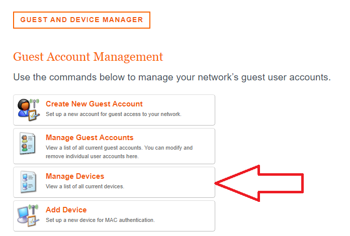 The Guest Account Management portal for the University of Illinois wifi network, Illinois Net. An arrow points to the 'Manage Devices' menu item.