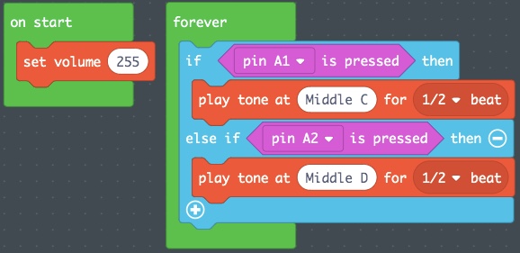 The forever loop block contains the code blocks: 'If pin A1 is pressed, then play tone at Middle C for 1/2 beat. Else if pin A2 is pressed, then play tone at Middle D for 1/2 beat.'