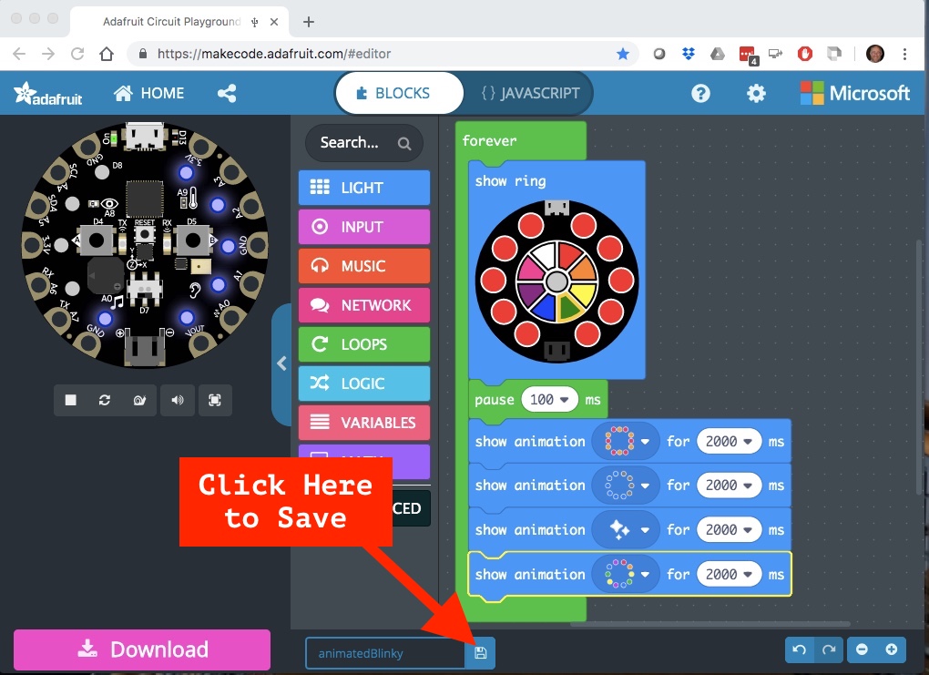 The 'Save' and 'Download' icons are visible at the bottom of the MakeCode website.