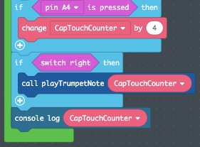 At the bottom of the forever loop, a console log calling the CapTouchCounter is added.
