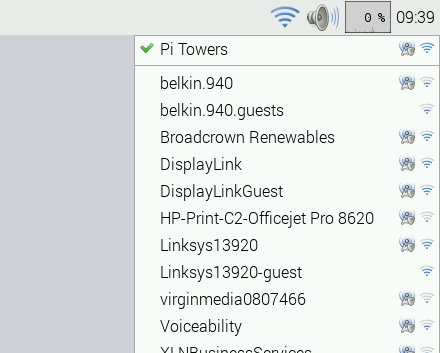 The WiFi icon and list of available networks on a Raspberry Pi running the Raspbian Stretch OS.