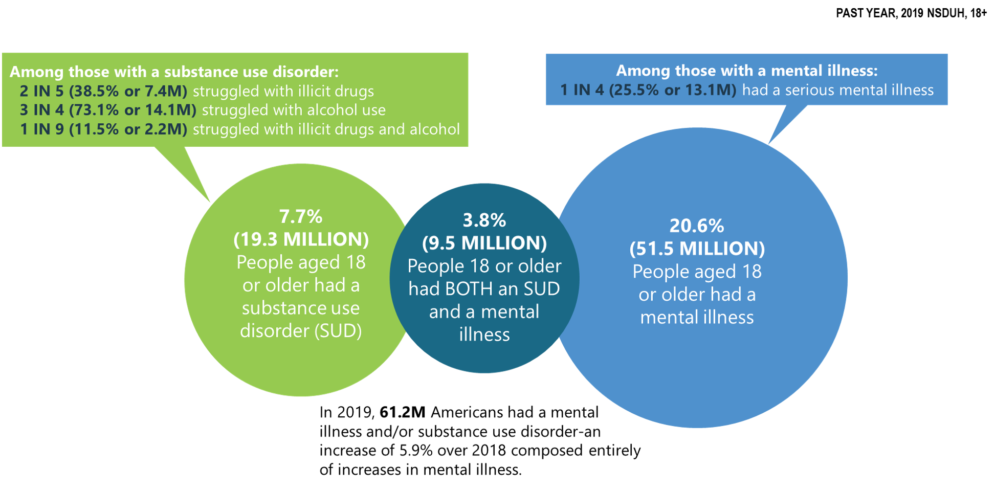 Infographic of the results of the 2019 National Survey of Drug Use and Health showing information on individuals that had a substance use disorder (SUD), a mental illness, and those with both a SUD and mental illness.
