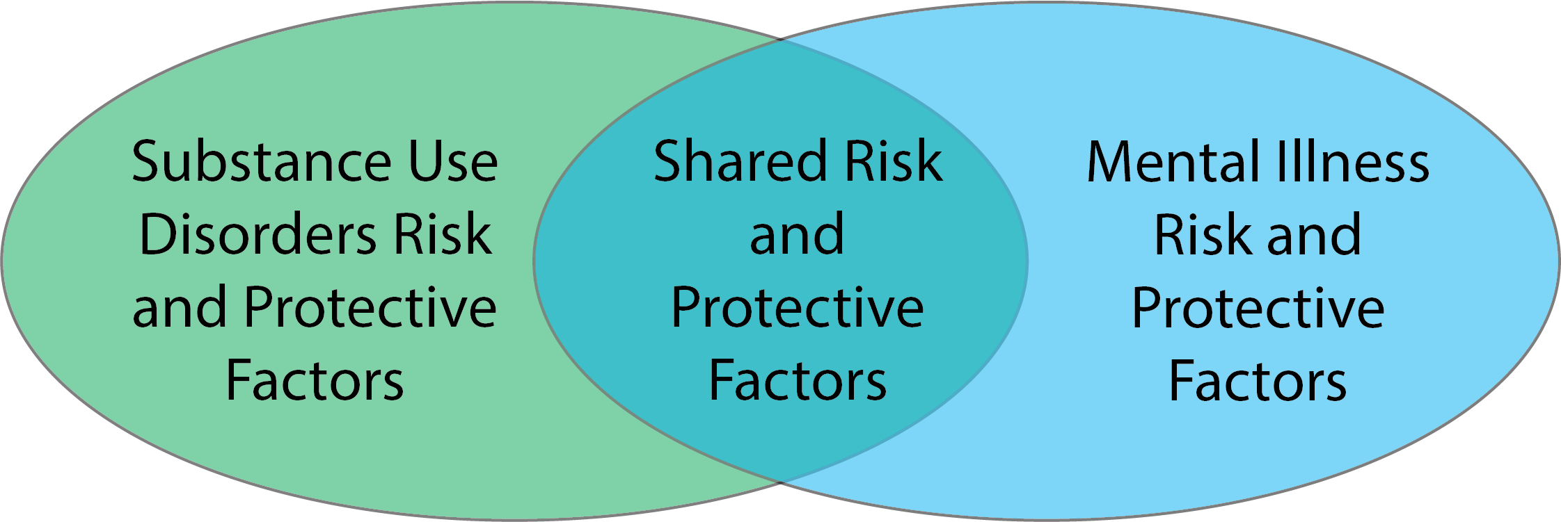 Substance use disorders risk and protective factors in left column; shared risk and protective factors in middle overlapping column; and mental illness risk and protective factors in right column.