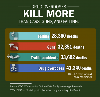An infographic stating that Drug Overdoses Kill More that cars, guns, and falling. Drug overdoses kill 41,340 with 16,917 of those being from opioid pain medicine; traffic accidents kill 33,692; guns kill 32,351; and falling kills 28,360.