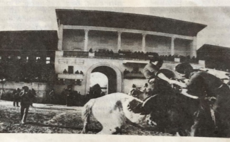A horse, a rider, and spectators at the Ak-Kula Hippodrome racetrack in the Soviet era.
