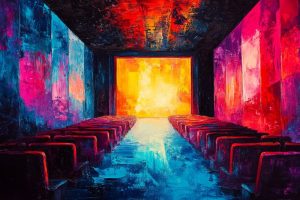 A painting of a dark empty theater facing a stage with red, yellow, and blue lighting on walls and floor.