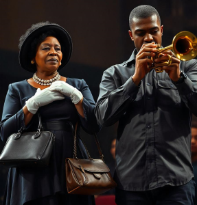A middle-aged Black woman wearing a dark blue dress, white gloves, and black purse, standing next to a Black man wearing a black buttoned shirt and playing a trumpet.