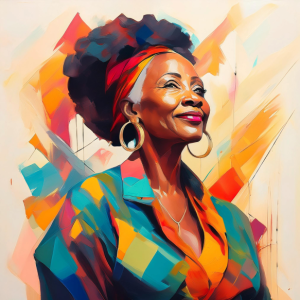 A middle-aged Black woman smiling and facing left in multi-colored blouse and headband in shades of blue, yellow, green, and red. She is wearing large gold hoop earrings.