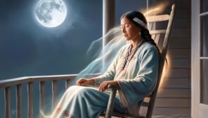 A Native American woman ghost sitting in a rocking chair at night with a bright white moon in the background.