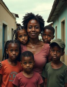A Black mother, with a tired but loving expression, surrounded by five children in a rundown neighborhood. The children include three girls with braids, one boy with short hair, and another boy with a cap. The sky is overcast, creating a somber mood, with peeling paint on buildings behind them.