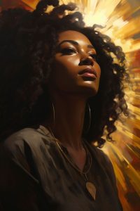A painting of a singular dark-skinned Black woman with a black afro and bright light in the background over her left shoulder.