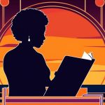 A silhouette of a Black woman with an afro reading a book in front of a yellow, orange, and purple geometric backdrop.