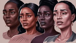 Four Black women of varying skin tones with saddened looks on their faces.