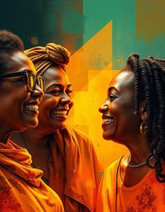 Three Black women facing each other and smiling. Woman 1 wears an afro, glasses, and orange clothing. Woman 2 wears a pale yellow headwrap and orange clothing. Woman 3 wears shoulder-length locs, orange clothing and gold hoop earrings.