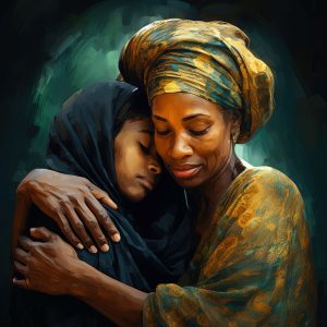 A Black woman is hugging an adolescent child. The woman is wearing a green and gold dress and headwrap. The child is wearing a black dress and head covering.