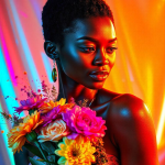 A Black woman with short black hair holding a bouquet of yellow and pink flowers. Blue, yellow, and pink lights shine on her skin and in the background.