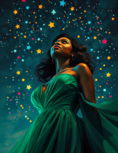 A brown-skinned Black woman with long Black hair and wearing a dark green, off-the-shoulder dress, looking at a sky full of red, yellow, and light blue stars.
