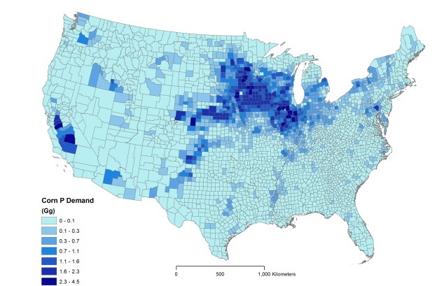 Darker shades of blue indicate United States counties with higher demand for phosphorus for corn production. Counties in the midwest and California are darkest blue.