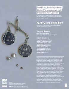 Poster: "Death by Policing: Race, State Violence, and the Possibility of Justice" features image of weighted scales