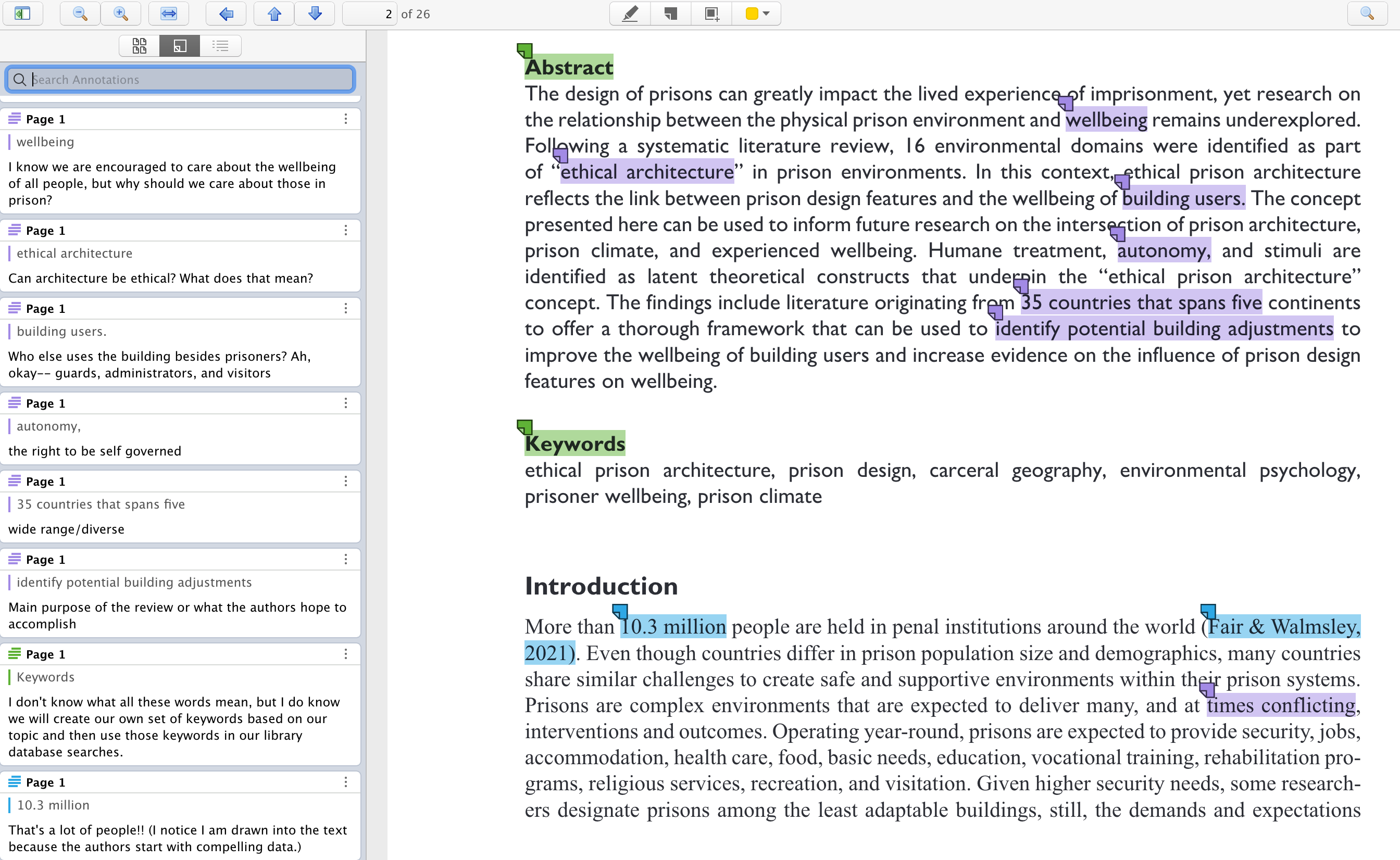 An image of a digital annotation program. The program highlights specific words and phrases of a text, and then organizes a reader's notes about them in a separate window on the left margin with comments such as "Can architecture be ethical? What does this mean?"